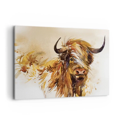 Quadro su tela - Stampe su Tela - Ritratto di un toro in stile acquerello artistico - 120x80cm - L'orgoglio del cacciatore - Decorazione murale moderna per soggiorno e camera da letto ARTTOR