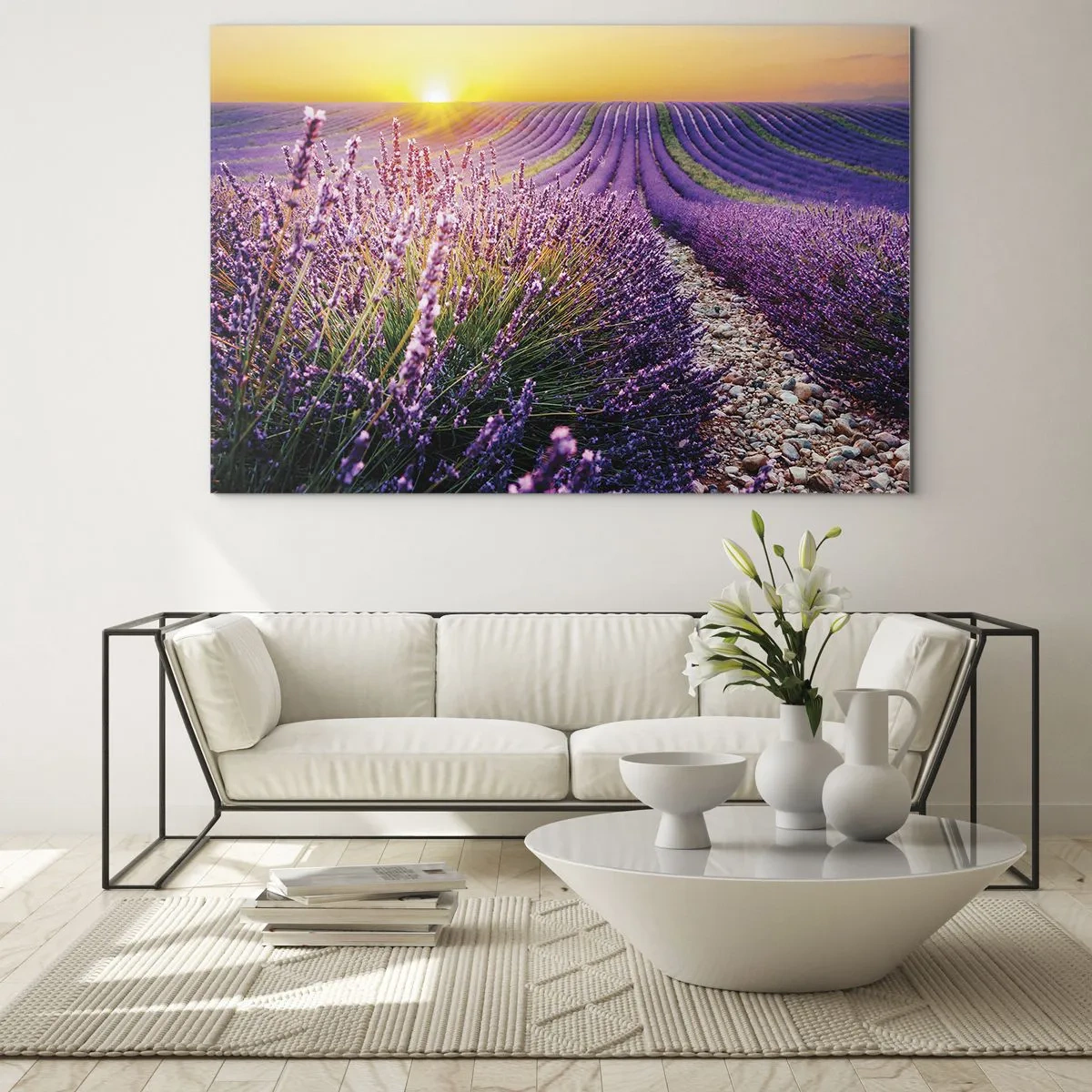 Quadro su vetro - Campo di lavanda all'alba con un sentiero roccioso - 70x50cm - Campo profumato - Decorazione murale moderna per soggiorno e camera da letto ARTTOR
