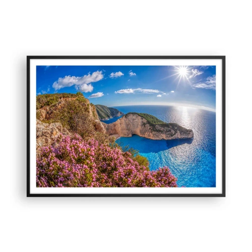 Poster in cornice nera - Una scogliera con fiori, un mare turchese e un soleggiato paesaggio greco - 100x70cm - Le mie grosse vacanze greche - Decorazione murale moderna per soggiorno e camera da letto ARTTOR