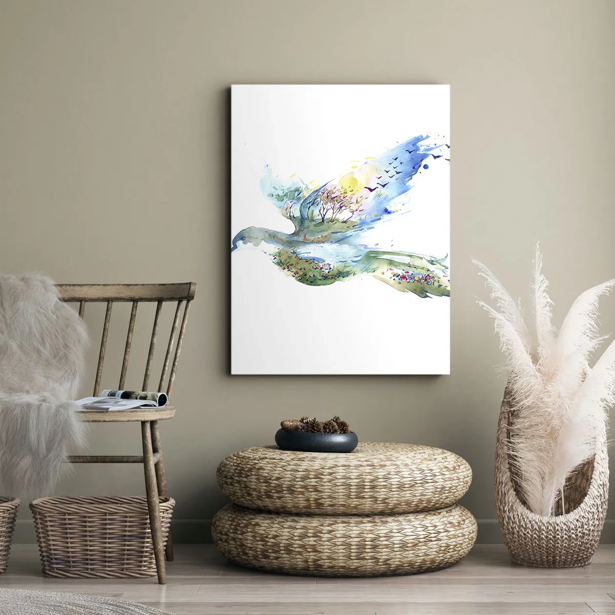 Quadro su tela - Stampe su Tela - Composizione ad acquerello di un uccello con elementi della natura - 50x70cm - Sulle ali della natura - Decorazione murale moderna per soggiorno e camera da letto ARTTOR