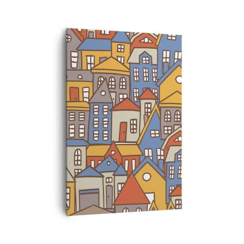 Quadro su tela - Stampe su Tela - Case colorate in stile grafico su sfondo chiaro - 70x100cm - Una casa dietro l'altra - Decorazione murale moderna per soggiorno e camera da letto ARTTOR