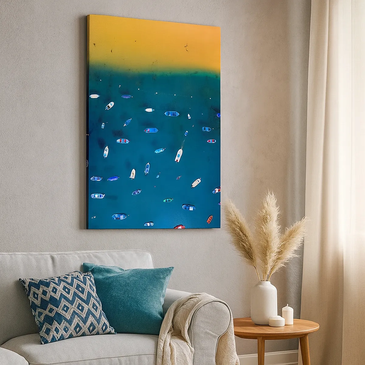 Quadro su tela - Stampe su Tela - Vista aerea di barche in acqua e di una spiaggia sabbiosa - 50x70cm - Il gioco delle vacanze - Decorazione murale moderna per soggiorno e camera da letto ARTTOR