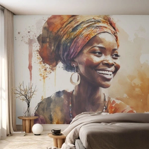 Fotomurali Premium Sand - Donna sorridente con turbante colorato e gioielli - 100x70cm - Regina africana - Decorazione murale moderna per soggiorno e camera da letto ARTTOR