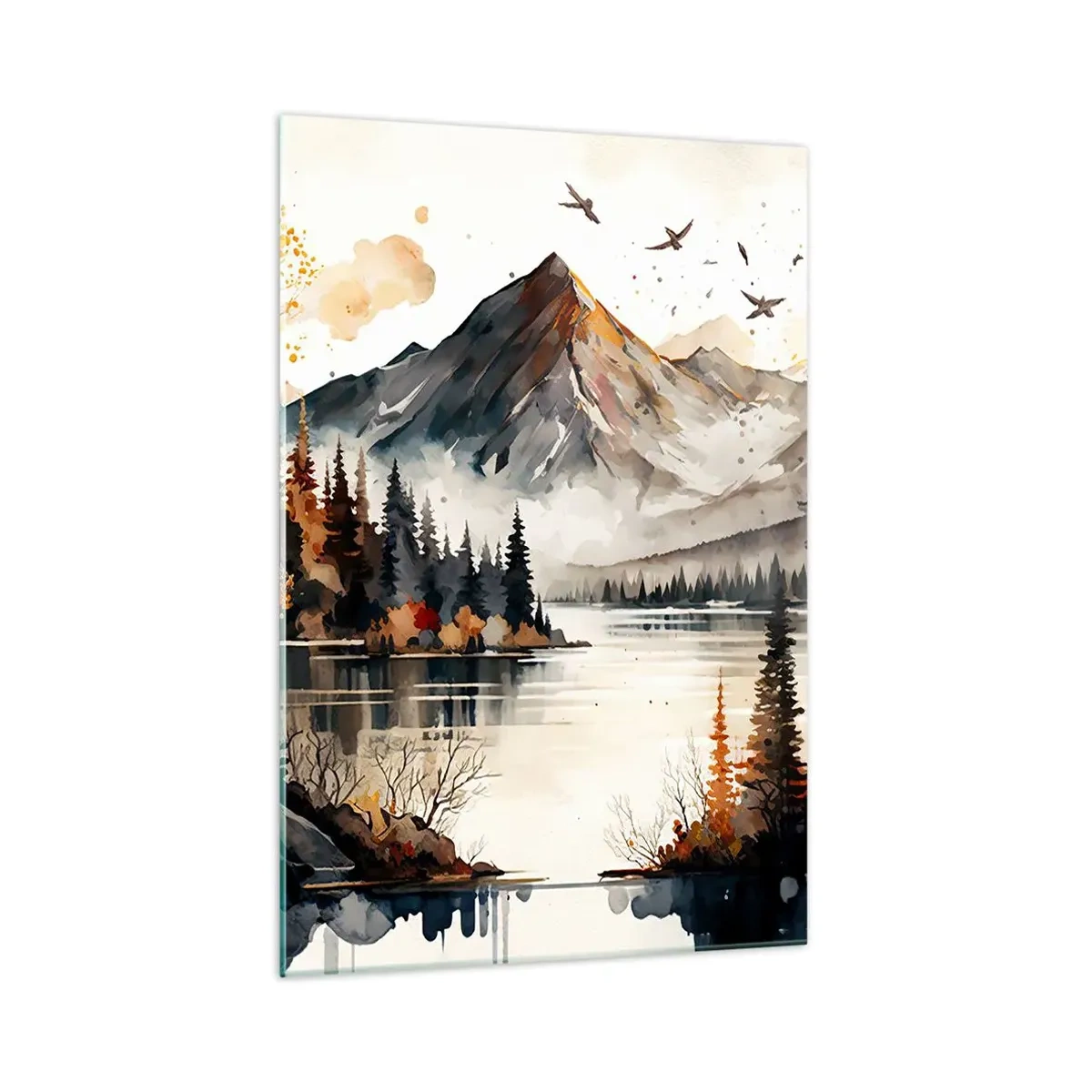 Quadro su vetro - Paesaggio montano autunnale con lago e alberi in acquerello - 70x100cm - L'autunno dorato sui monti - Decorazione murale moderna per soggiorno e camera da letto ARTTOR