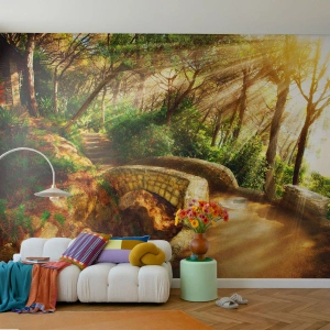 Fotomurali Autoadesivo Deluxe Sticker - Dal ponte direttamente nel bosco delle fiabe - Paesaggi, Scale di pietra, Raggi del sole - 450x315 cm