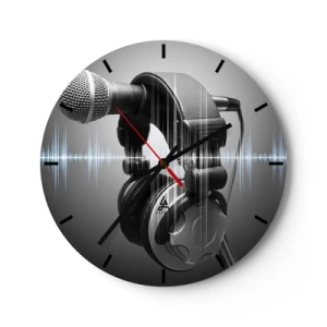Orologio da parete - Orologio in Vetro - Microfono e cuffie con onda sonora su sfondo grigio - 30x30cm - Si sente ancora il canto - Decorazione murale moderna per soggiorno, cucina e camera da letto ARTTOR