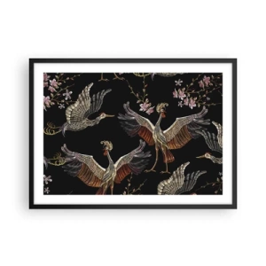 Poster in cornice nera - Gru e fiori eleganti su sfondo nero - 70x50cm - Uccello fantastico - Decorazione murale moderna per soggiorno e camera da letto ARTTOR