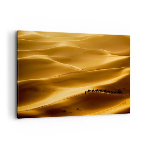 Quadro su tela - Stampe su Tela - Una carovana di cammelli vaga tra le dune dorate del deserto. - 120x80cm - La carovana sulle onde del deserto - Decorazione murale moderna per soggiorno e camera da letto ARTTOR
