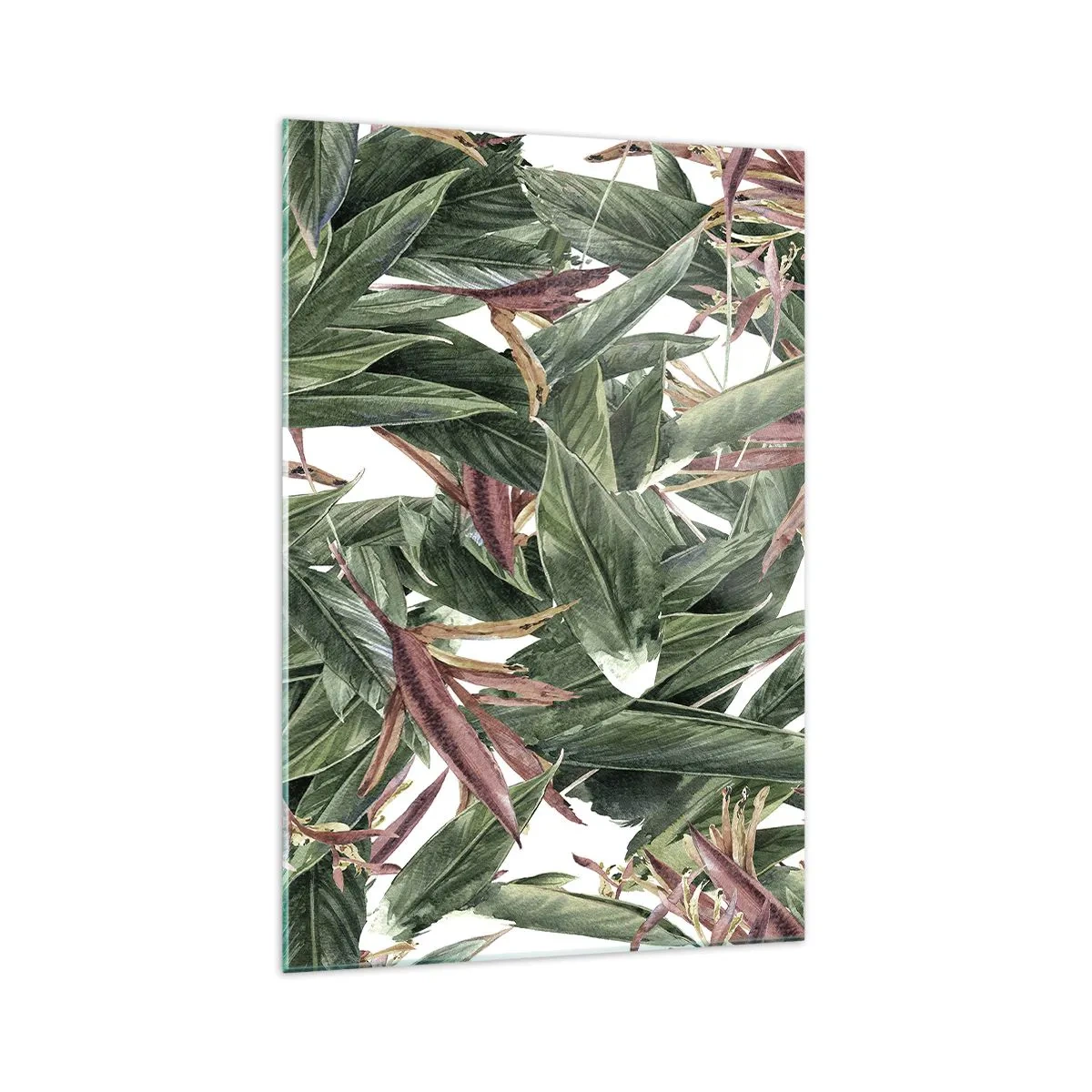 Quadro su vetro - Un motivo decorativo a foglia nei toni del verde e del bordeaux su uno sfondo chiaro - 70x100cm - Macchia smeraldo e lilla - Decorazione murale moderna per soggiorno e camera da letto ARTTOR