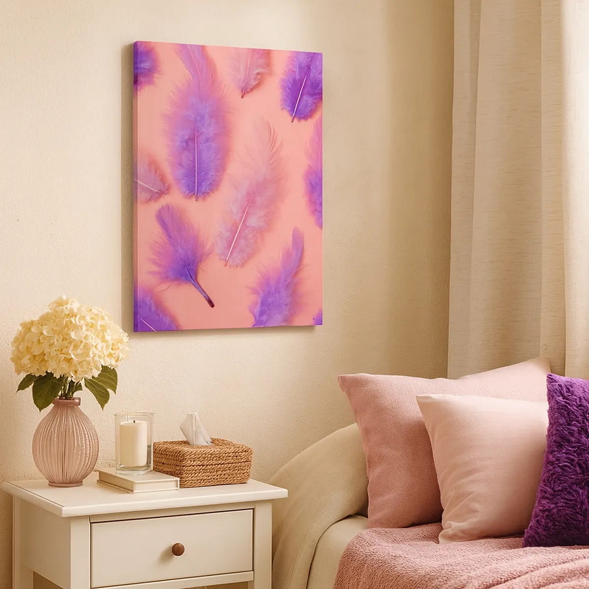 Quadro su tela - Stampe su Tela - Piume viola e rosa su uno sfondo pastello - 50x70cm - L'uccello lilla del desiderio - Decorazione murale moderna per soggiorno e camera da letto ARTTOR