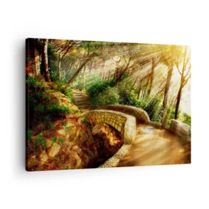 Quadro su tela - Stampe su Tela - Paesaggio forestale con raggi di sole e un ponte di pietra - 70x50cm - Dal ponte direttamente nel bosco delle fiabe - Decorazione murale moderna per soggiorno e camera da letto ARTTOR