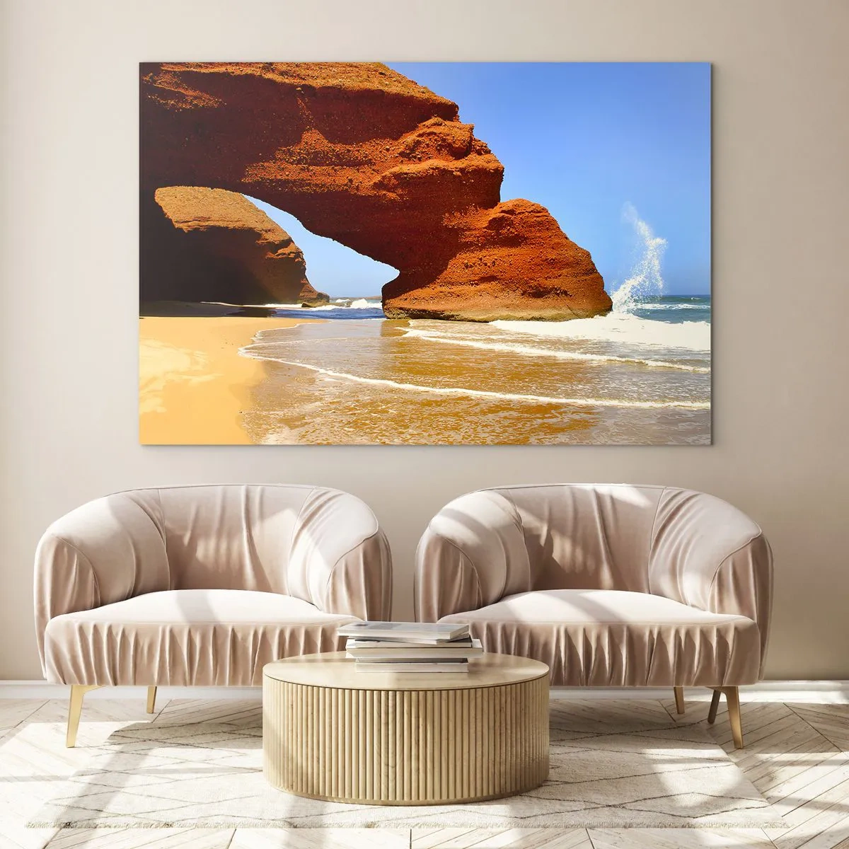 Quadro su vetro - Archi di roccia rossa sulla spiaggia e sull'oceano - 70x50cm - Migliaia di anni di acqua e vento - Decorazione murale moderna per soggiorno e camera da letto ARTTOR