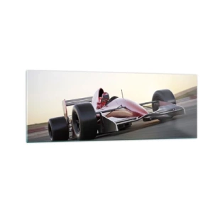 Quadro su vetro - Una macchina rossa di Formula 1 su una pista da corsa mentre guida - 140x50cm - Sempre vincente - Decorazione murale moderna per soggiorno e camera da letto ARTTOR