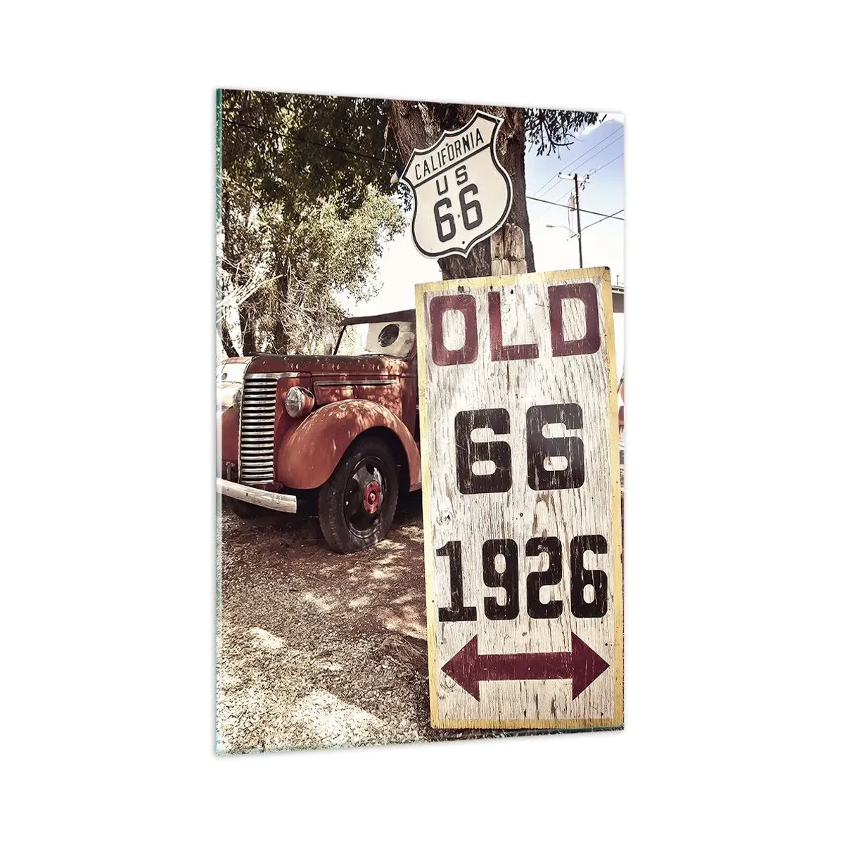Quadro su vetro - Auto retrò e cartello della Route 66 in un ambiente rustico - 80x120cm - La leggenda della provincia americana - Decorazione murale moderna per soggiorno e camera da letto ARTTOR