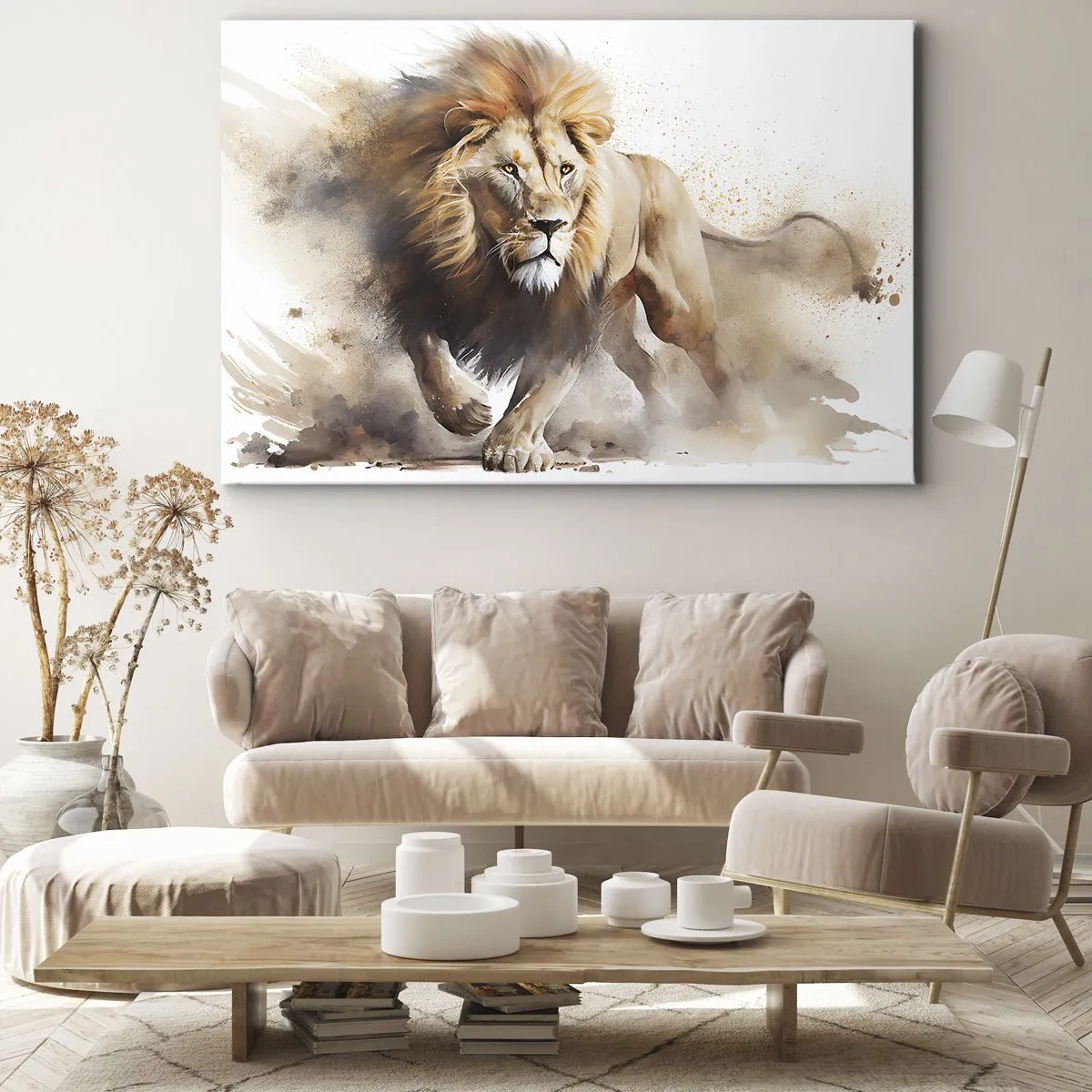 Quadro su tela - Stampe su Tela - Un ritratto dinamico di un leone dai colori naturali. - 70x50cm - Il re si è mosso - Decorazione murale moderna per soggiorno e camera da letto ARTTOR