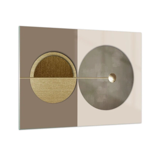 Quadro su vetro - Cerchi e linee dorate in una composizione armoniosa - 70x50cm - Equilibrio perfetto - Decorazione murale moderna per soggiorno e camera da letto ARTTOR