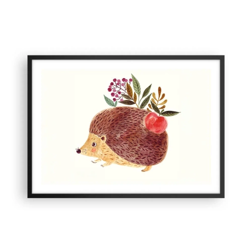 Poster in cornice nera - Un simpatico riccio con una mela e delle piante in stile illustrativo - 70x50cm - E mi vuoi già bene - Decorazione murale moderna per soggiorno e camera da letto ARTTOR