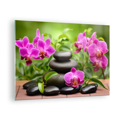 Quadro su vetro - Orchidee rosa e pietre nere in un ambiente tranquillo - 70x50cm - Piramide di pace - Decorazione murale moderna per soggiorno e camera da letto ARTTOR