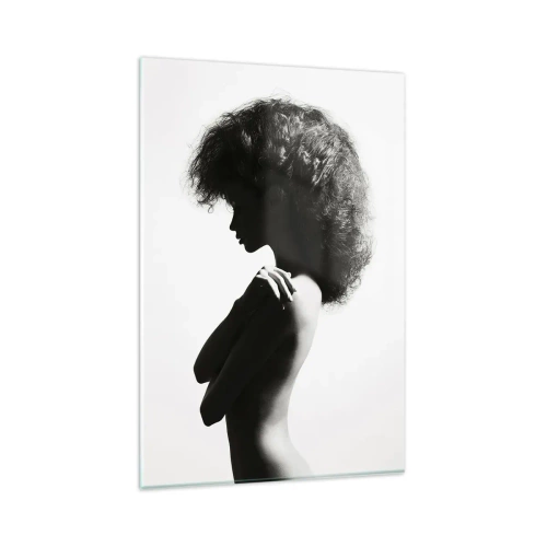 Quadro su vetro - Una sottile silhouette di una donna in tonalità di bianco e nero su uno sfondo chiaro - 80x120cm - Come un fiore su un gambo snello - Decorazione murale moderna per soggiorno e camera da letto ARTTOR