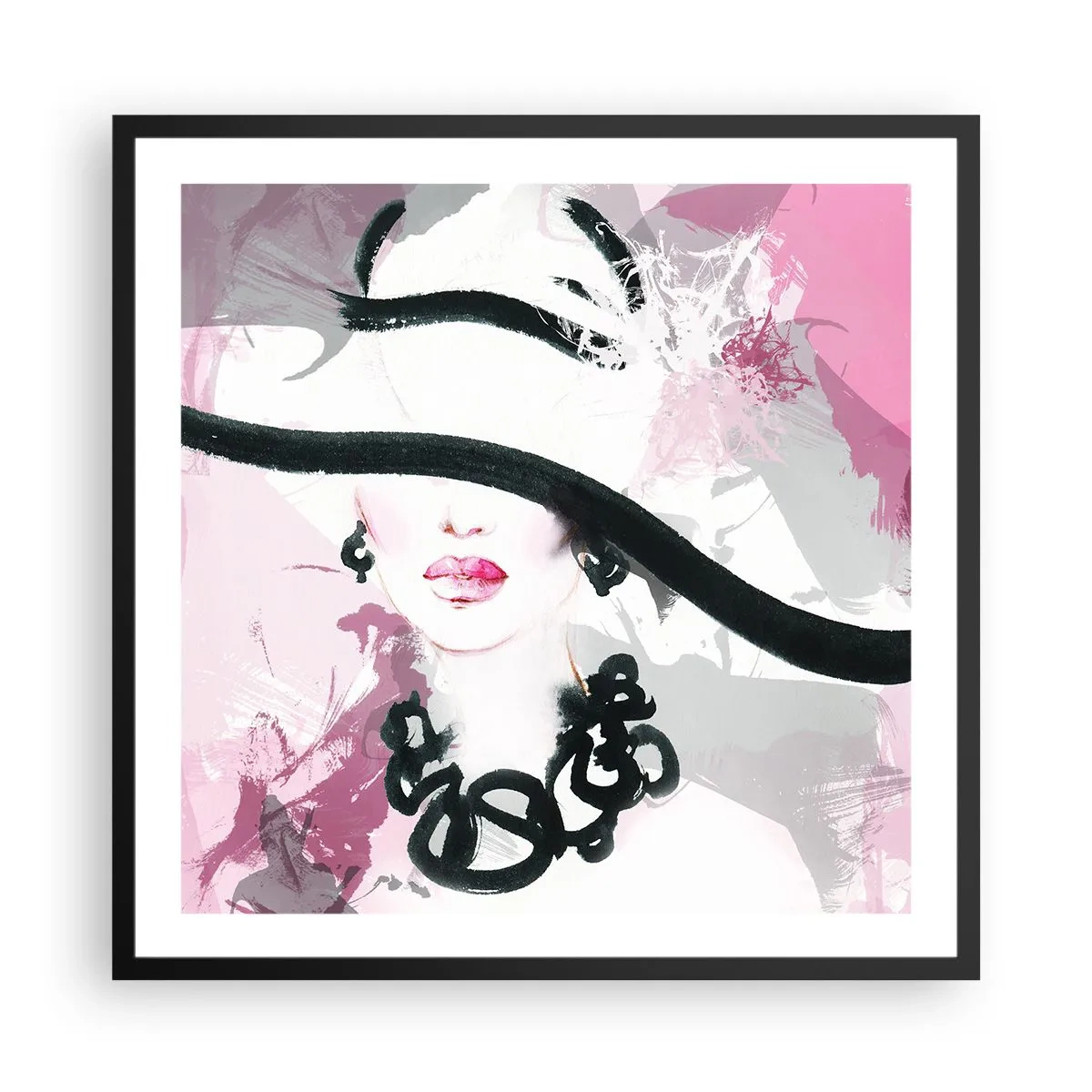 Poster in cornice nera - Ritratto di donna in nero e rosa - 60x60 cm