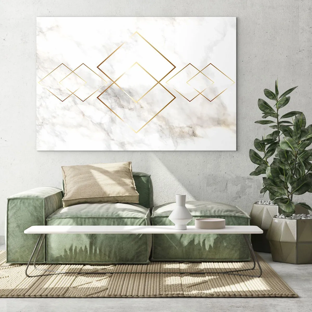 Quadro su vetro - Rombi geometrici dorati su sfondo di marmo bianco - 100x70cm - Vista sull'infinito - Decorazione murale moderna per soggiorno e camera da letto ARTTOR