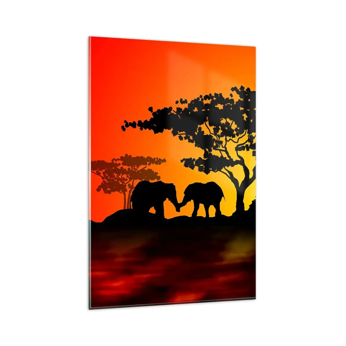 Quadro su vetro - Tramonto africano con sagome di elefanti e giraffe sull'acqua - 80x120cm - Incontro nella savana - Decorazione murale moderna per soggiorno e camera da letto ARTTOR