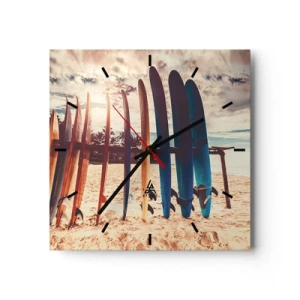 Orologio da parete - Orologio in Vetro - Tavole da surf sulla spiaggia al tramonto - 30x30cm - Buonanotte, a domani - Decorazione murale moderna per soggiorno e camera da letto ARTTOR