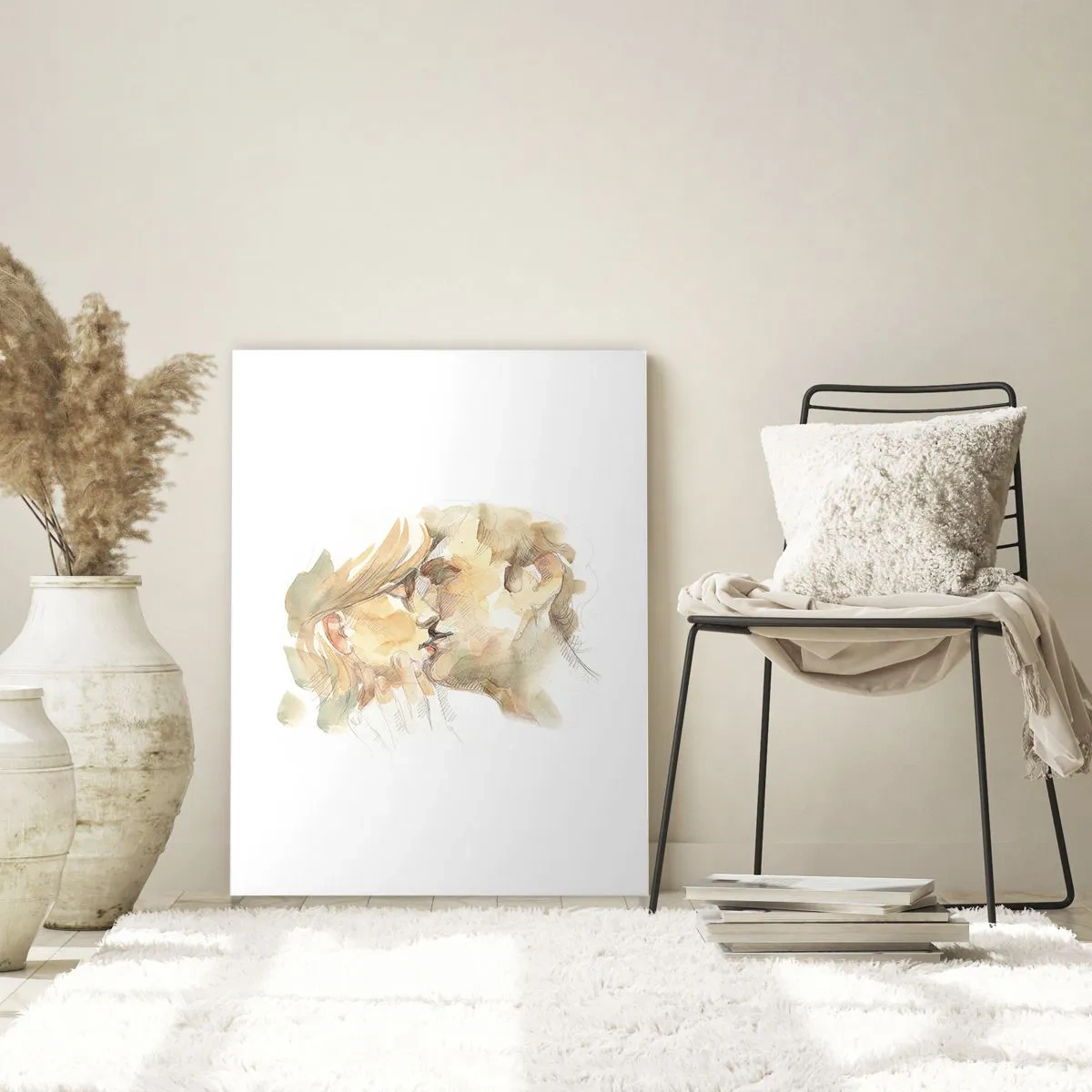 Quadro su vetro - Ritratto romantico ad acquerello di una coppia che si bacia - 80x120cm - Sarà l'anima gemella? - Decorazione murale moderna per soggiorno e camera da letto ARTTOR