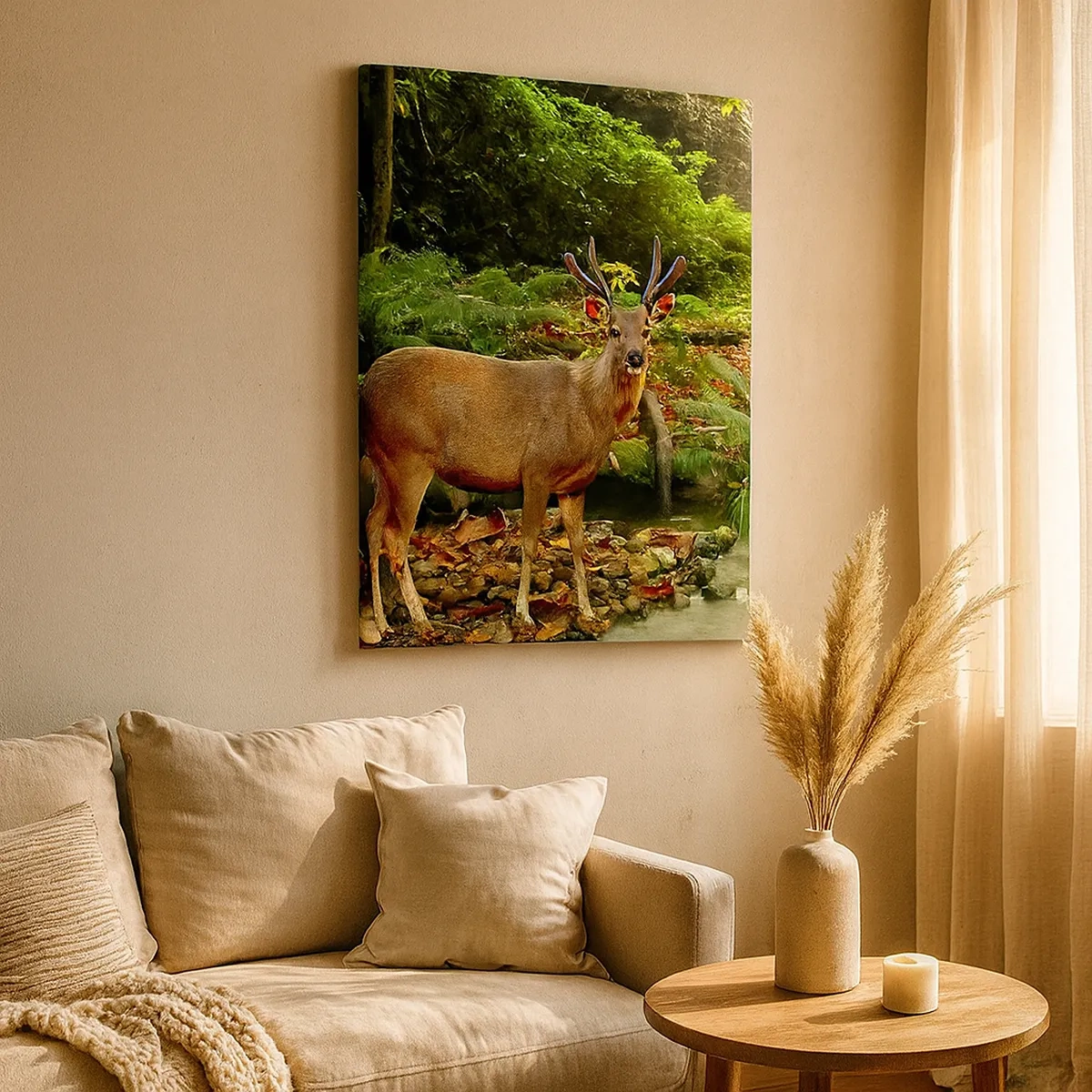 Quadro su tela - Stampe su Tela - Un cervo vicino a un ruscello circondato dal verde della foresta - 50x70cm - Benvenuto nel mio mondo - Decorazione murale moderna per soggiorno e camera da letto ARTTOR