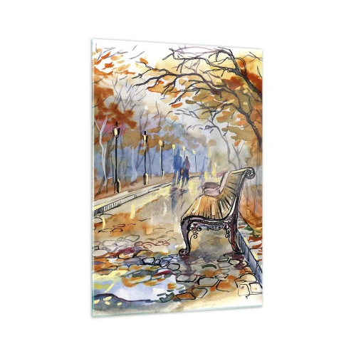 Quadro su vetro - Un parco autunnale con una panchina in acquerello - 70x100cm - Passeggiando insieme l'autunno - Decorazione murale moderna per soggiorno e camera da letto ARTTOR
