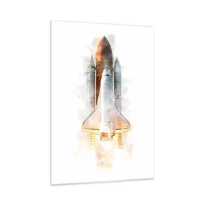 Quadro su vetro - Uno space shuttle in decollo in stile acquerello su sfondo bianco. - 50x70cm - La partenza degli esploratori - Decorazione murale moderna per soggiorno e camera da letto ARTTOR