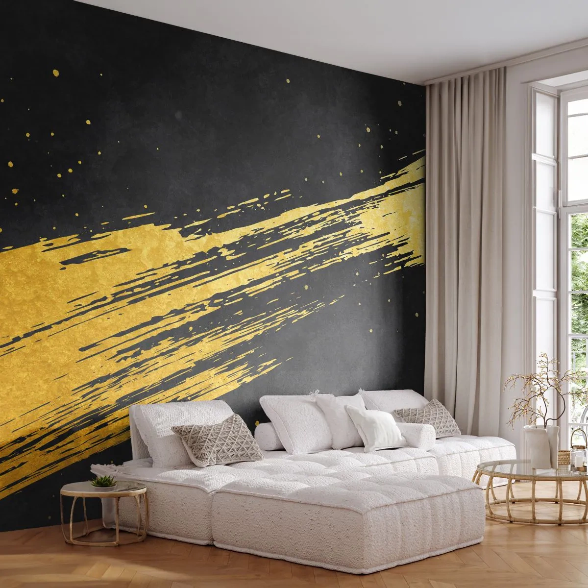 Fotomurali Premium Sand - Pennello dorato su sfondo nero con riflessi - 100x70cm - Salto nell'iperspazio - Decorazione murale moderna per soggiorno e camera da letto ARTTOR