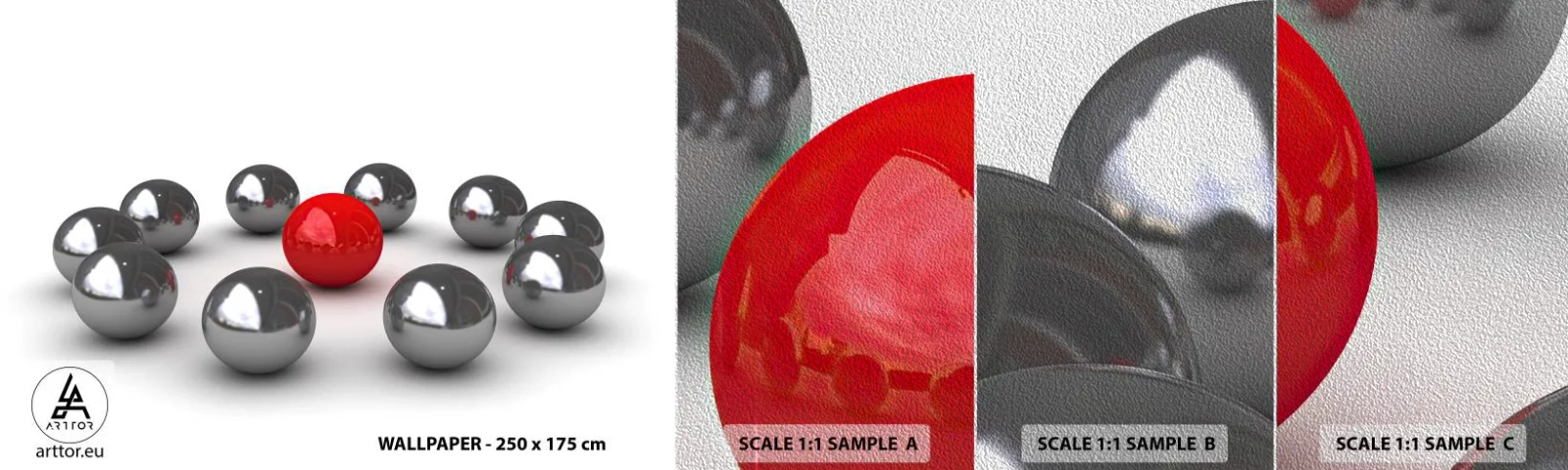 Campione di Fotomurale Premium Sand - Cerchio in argento e rosso - Astrazione, 3D, Palle rotonde - 100x30 cm