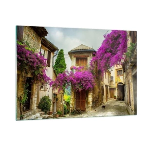 Quadro su vetro - Una strada affascinante con viti rosa in fiore e case popolari - 120x80cm - Sotto un baldacchino di fiori - Decorazione murale moderna per soggiorno e camera da letto ARTTOR