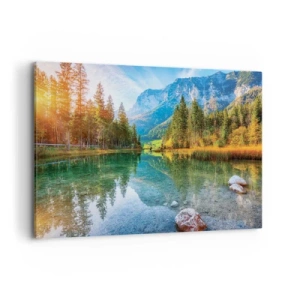 Quadro su tela - Stampe su Tela - Un lago pittoresco circondato da montagne e foreste - 120x80cm - La mitezza dell'autunno - Decorazione murale moderna per soggiorno e camera da letto ARTTOR