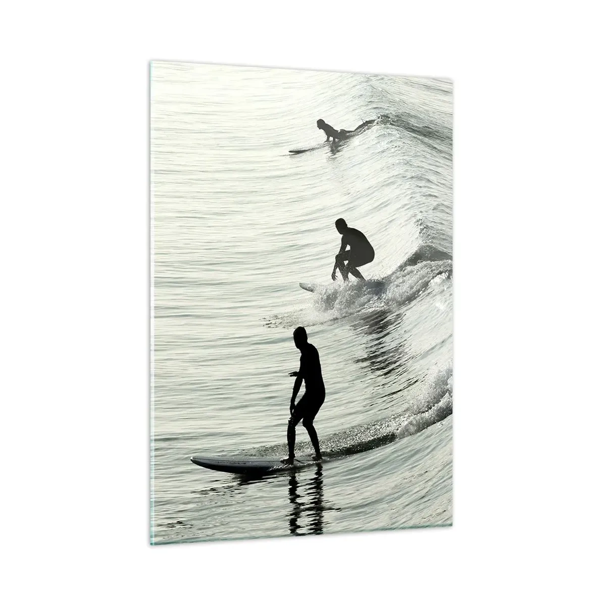 Quadro su vetro - Tre surfisti cavalcano le onde al mattino - 50x70cm - Onde all'incontro - Decorazione murale moderna per soggiorno e camera da letto ARTTOR