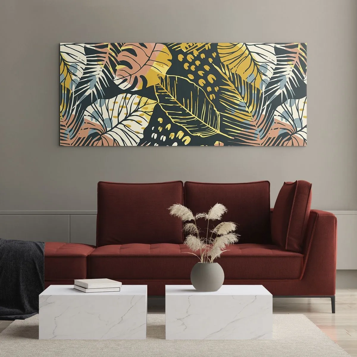 Quadro su vetro - Fantasia di foglie - 90x30 cm