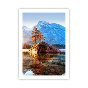 Poster - Alberi su una roccia riflessi in un lago calmo - 50x70cm - La natura in una nuova luce - Decorazione murale moderna per soggiorno e camera da letto ARTTOR