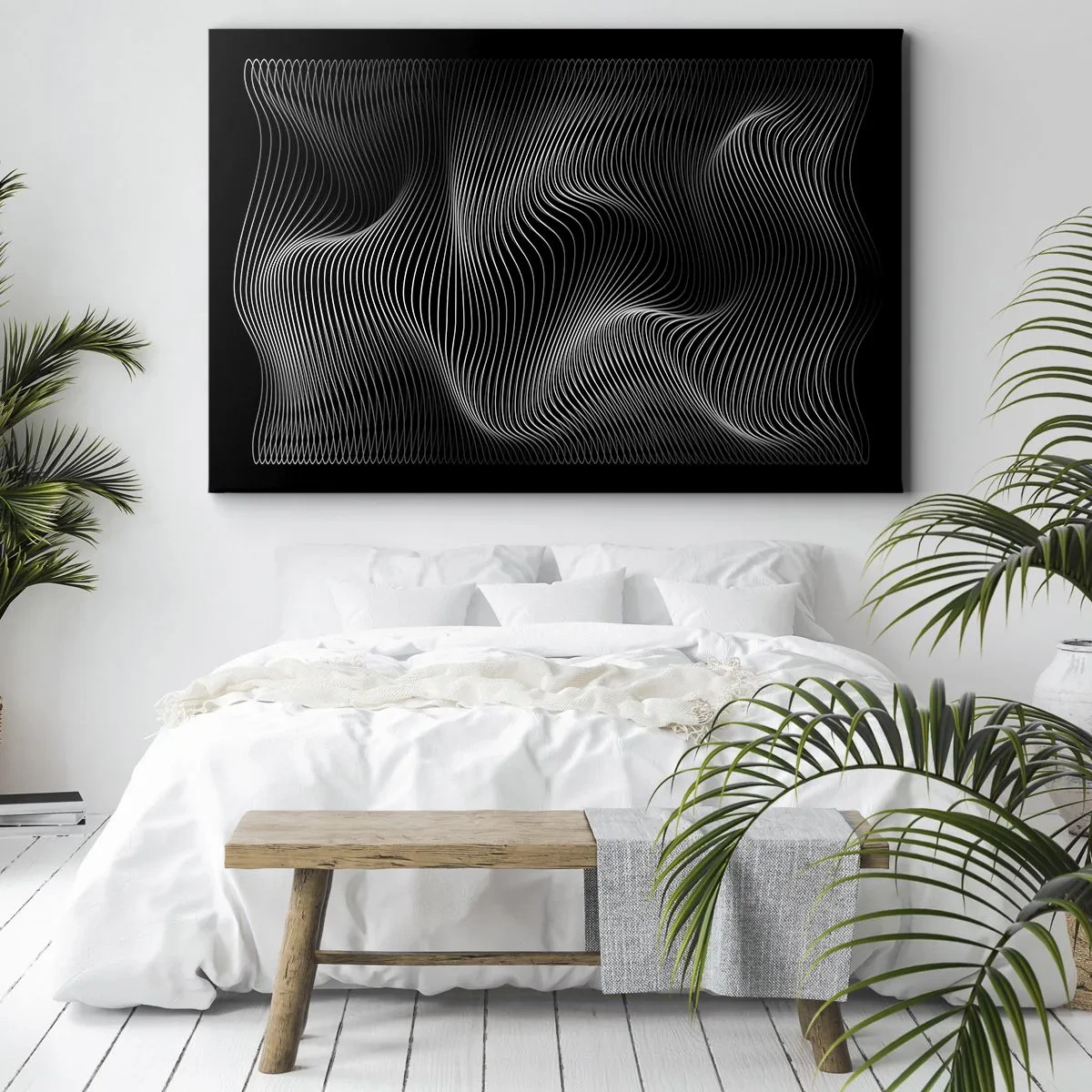 Quadro su tela - Stampe su Tela - Linee bianche astratte su sfondo nero - 100x70cm - La danza della luce nello spazio - Decorazione murale moderna per soggiorno e camera da letto ARTTOR