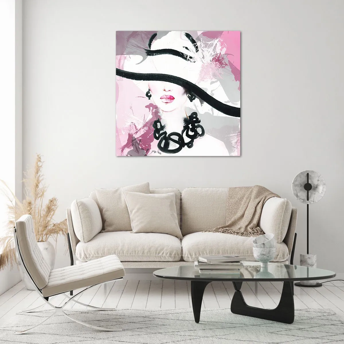 Quadro su vetro - Ritratto di donna in nero e rosa - 30x30 cm