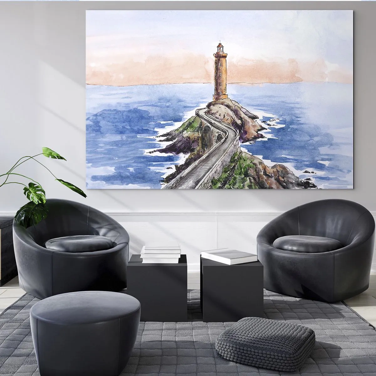 Quadro su vetro - Un faro su un promontorio roccioso circondato da un mare calmo - 70x50cm - Rivolto verso il mare - Decorazione murale moderna per soggiorno e camera da letto ARTTOR
