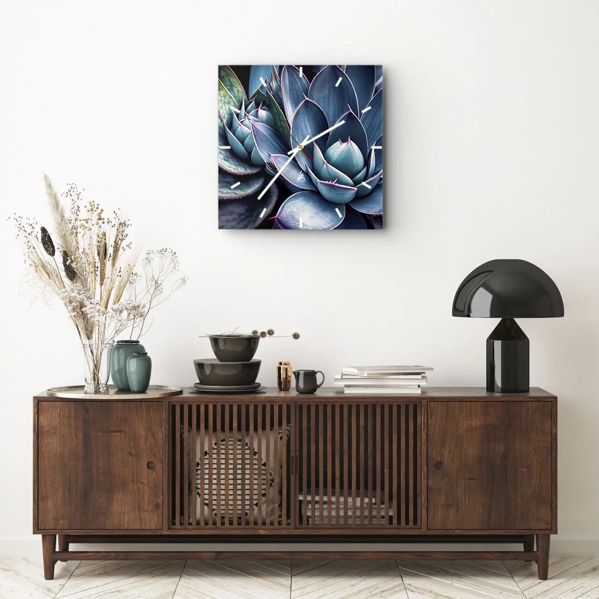 Orologio da parete - Orologio in Vetro - Agave nelle tonalità del blu e del verde con accenti rosa - 30x30cm - Forza vitale - Decorazione murale moderna per soggiorno e camera da letto ARTTOR