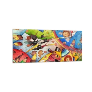Quadro su vetro - Una scena spaziale colorata piena di bambini e astronavi - 120x50cm - La grande avventura nel cosmo - Decorazione murale moderna per soggiorno e camera da letto ARTTOR