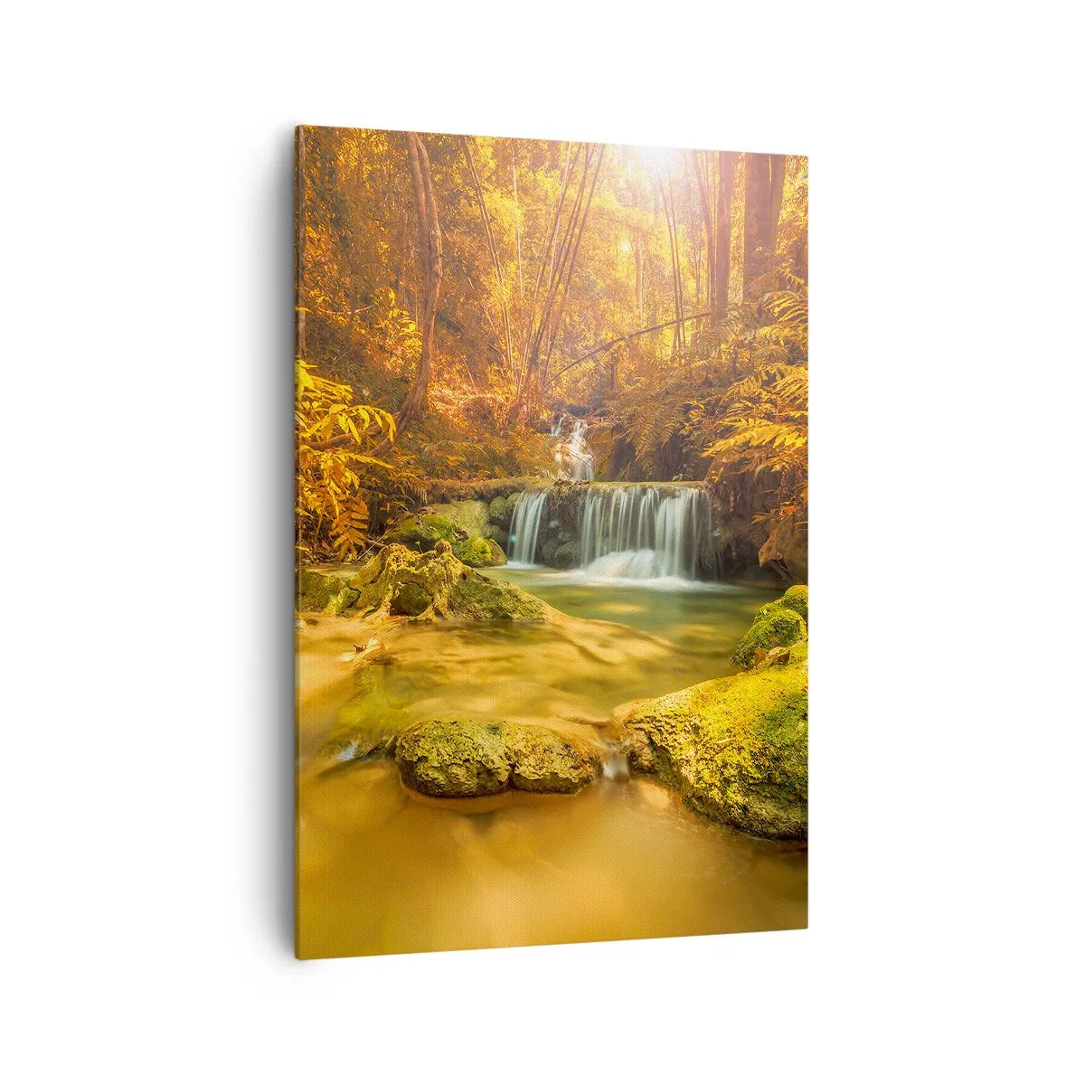 Quadro su tela - Stampe su Tela - Una cascata dorata in una foresta autunnale circondata dal verde - 70x100cm - Cascata boschiva in oro - Decorazione murale moderna per soggiorno e camera da letto ARTTOR