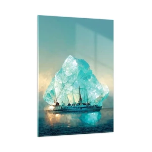 Quadro su vetro - Una nave a vela di fronte a un enorme ghiacciaio nella luce artica. - 50x70cm - Brillante artico - Decorazione murale moderna per soggiorno e camera da letto ARTTOR