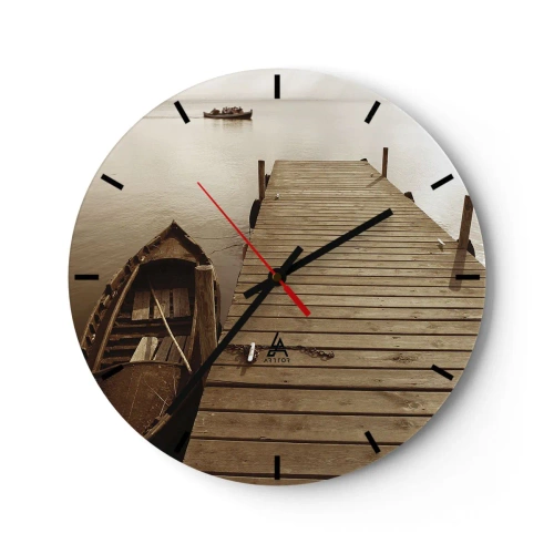 Orologio da parete - Orologio in Vetro - Una barca su un molo di legno in color seppia - 30x30cm - La grande pace - Decorazione murale moderna per soggiorno, cucina e camera da letto ARTTOR