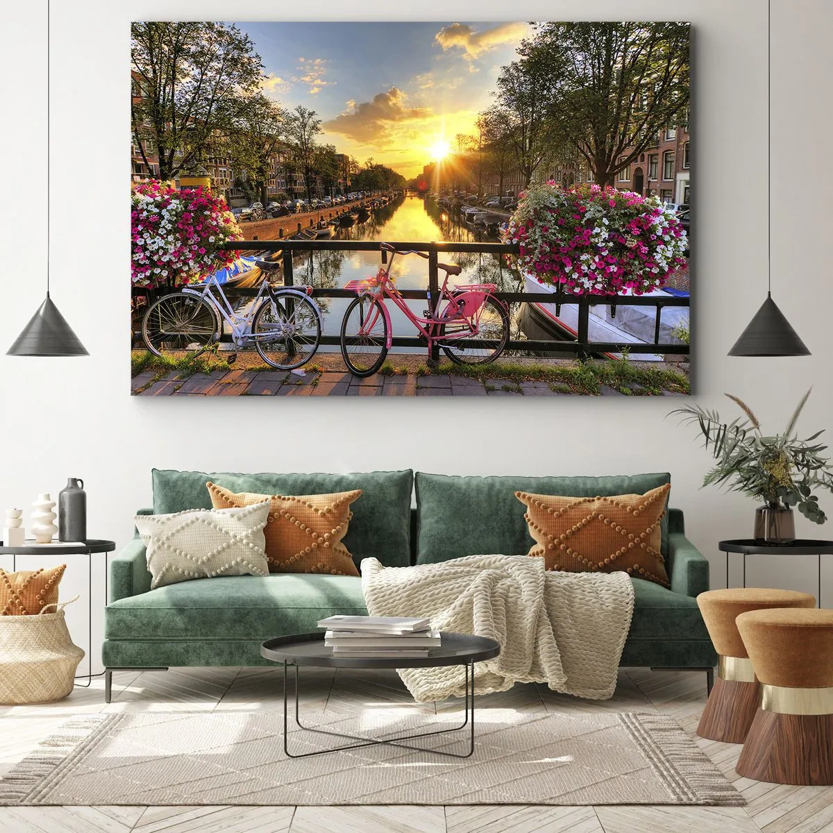 Quadro su tela - Stampe su Tela - Biciclette su un ponte al chiarore del sole al tramonto - 120x80cm - Mattino di primavera ad Amsterdam - Decorazione murale moderna per soggiorno e camera da letto ARTTOR