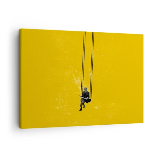 Quadro su tela - Stampe su Tela - Una persona su un'altalena su uno sfondo di un giallo intenso - 70x50cm - Un giorno come tanti - Decorazione murale moderna per soggiorno e camera da letto ARTTOR