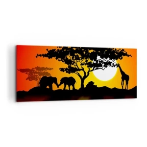 Quadro su tela - Stampe su Tela - Tramonto africano con sagome di elefanti e giraffe sull'acqua - 120x50cm - Incontro nella savana - Decorazione murale moderna per soggiorno e camera da letto ARTTOR