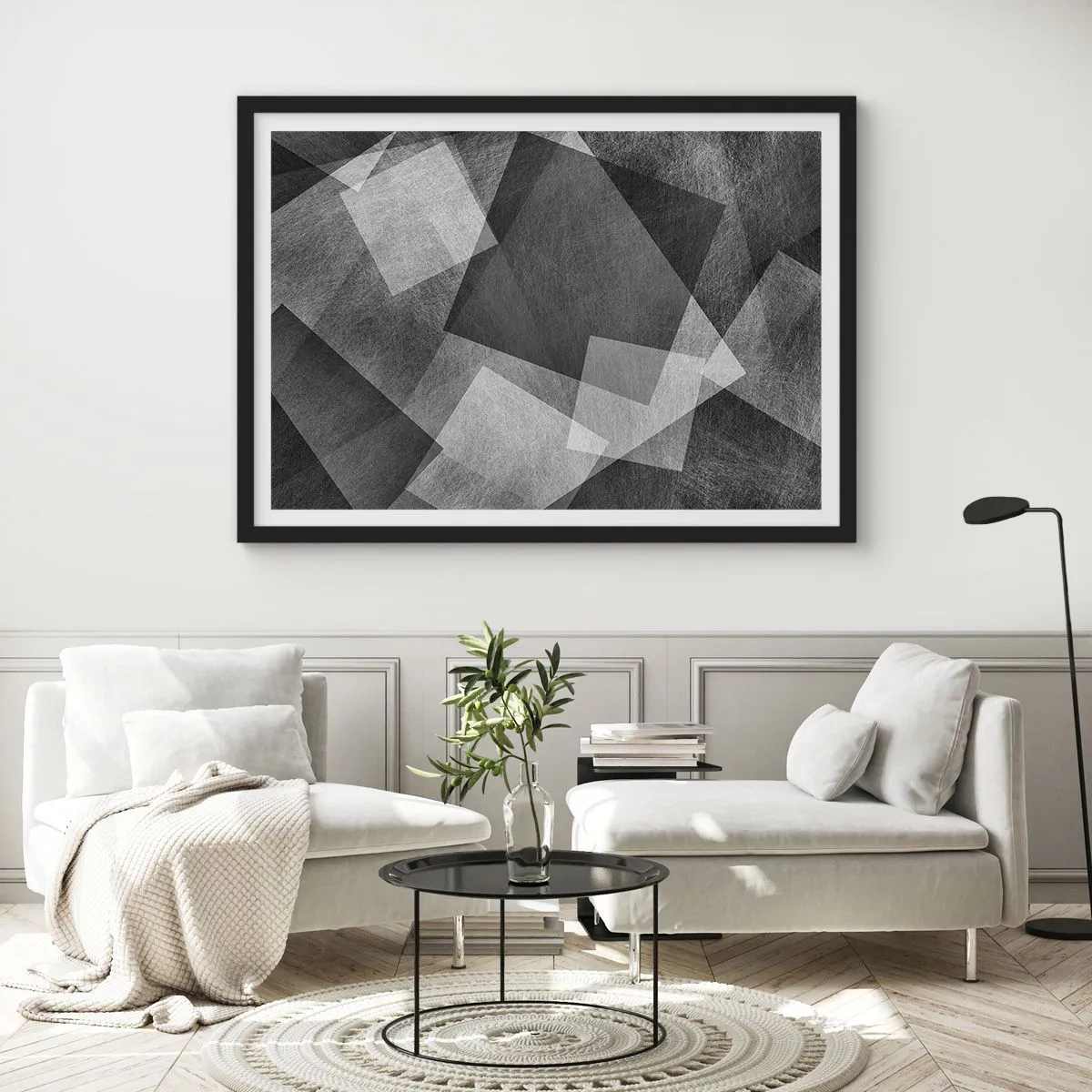 Poster in cornice nera - Astrazione in bianco e nero con forme geometriche - 70x50cm - Simbolo eterno di ordine e durata - Decorazione murale moderna per soggiorno e camera da letto ARTTOR